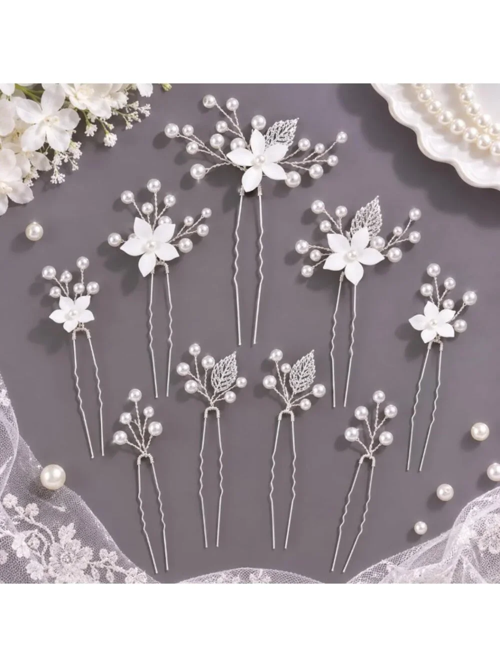 Handmade Pearl Wedding Hair Pins Set - White Flower Bridal Accessories for Women